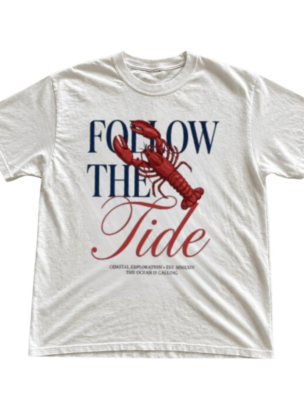 White Short Sleeve Tee with Navy & Red Coastal Graphic